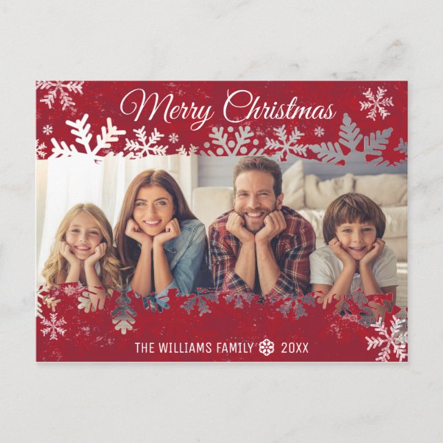 Merry Christmas RED snowflake Family PHOTO wishes Postcard (Front)