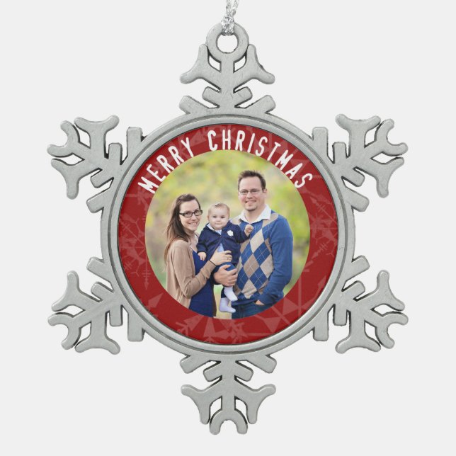 Merry Christmas Red Snowflake Photo Snowflake Pewter Christmas Ornament (Front)