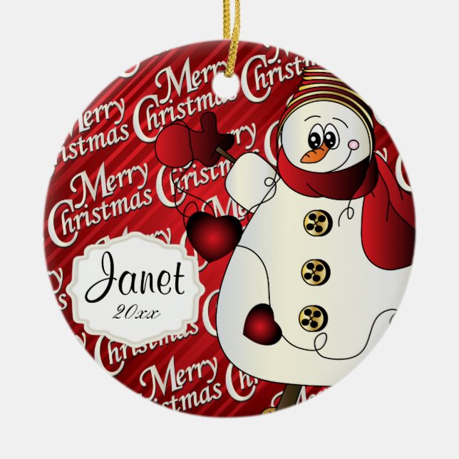 Merry Christmas Red Snowman Ceramic Ornament (Front)