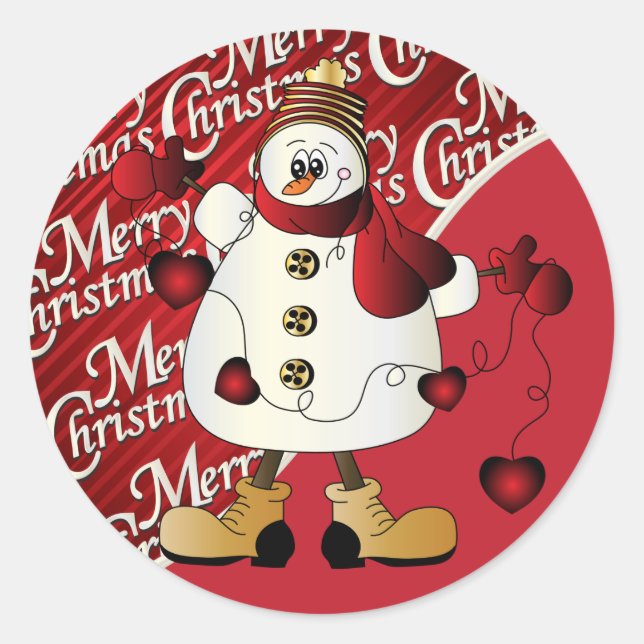 Merry Christmas Red Snowman Classic Round Sticker (Front)