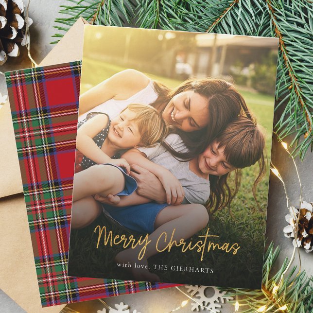 Merry Christmas Red Stewart Tartan Family Photo Card (Merry Christmas Family Photo Script Plaid Stewart Tartan Card)