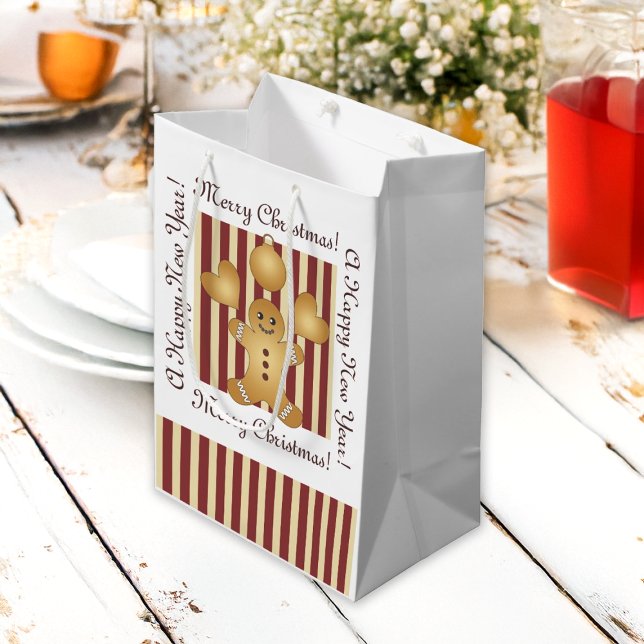 Merry Christmas Red Stripe Cute Gingerbread Man Medium Gift Bag (Creator Uploaded)