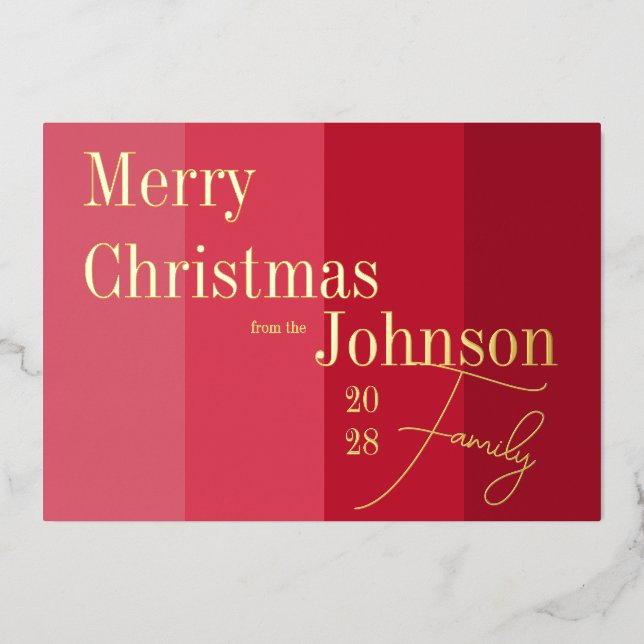 Merry Christmas Red Stripe Family Real Gold Foil Holiday Card (Front)