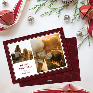 Merry Christmas Red Stripe Plaid Two Photo Frame Holiday Card