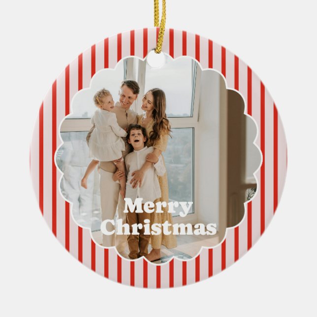 Merry Christmas Red Striped Retro 2 Photo Ornament (Front)