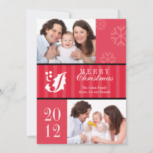 Merry Christmas red stripes holly leaf photo card