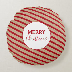 Merry Christmas Red Stripes Kraft Rustic Round Cushion
