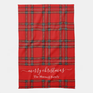 Merry Christmas red tartan plaid script name Tea Towel