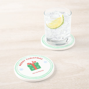 Merry Christmas red text gift box on white Coaster