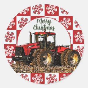 Merry Christmas Red Tractor Farm Holiday Snowflake Classic Round Sticker