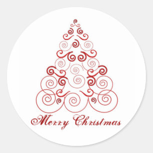 Merry Christmas, red tree of swirls Classic Round Sticker