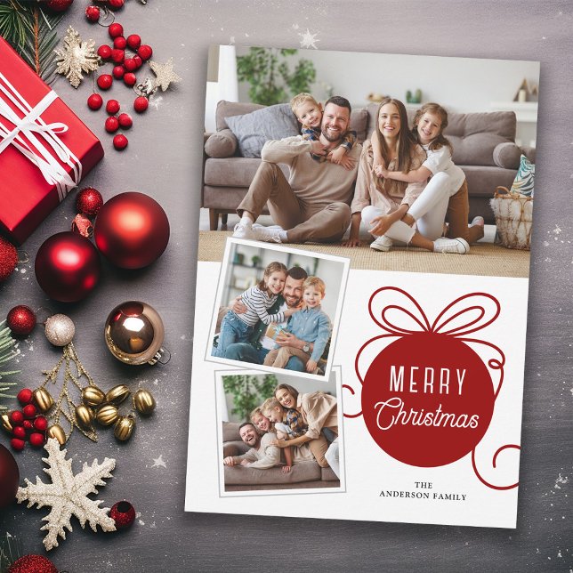 Merry Christmas Red Tree Ornament 3 Photos Holiday Card (Creator Uploaded)