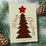 Merry Christmas red tree plaid tartan non-photo Holiday Card<br><div class="desc">Retro style red dark burgundy and hunter green plaid tartan tree and star shapes and handwritten Merry Christmas script nonphoto simple holiday card. Easy to personalise with your family name and year.</div>