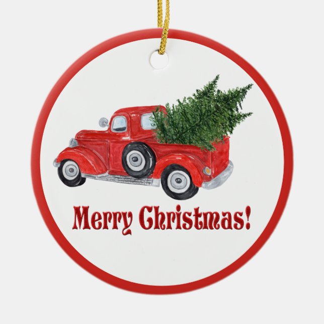 Merry Christmas Red Truck and Tree  Ornament (Front)