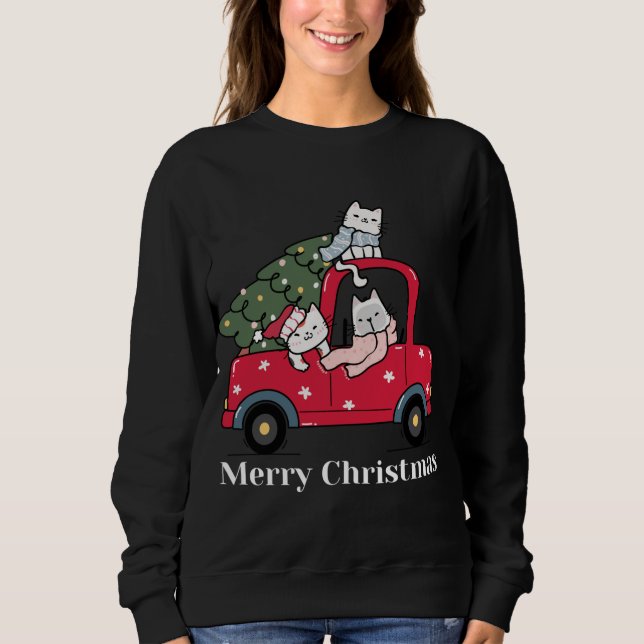Merry Christmas Red Truck Cat Lover Pajama Sweatshirt (Front)