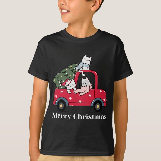 Merry Christmas Red Truck Cat Lover Pajama T-Shirt (Front)