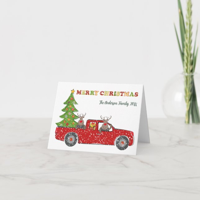 Merry Christmas Red Truck, Christmas Trees Funny Holiday Card (Front)