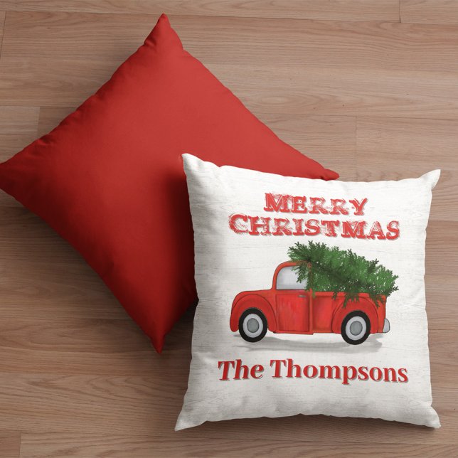Merry Christmas Red Truck Personalised Cushion (Merry Christmas rustic red truck custom throw pillow.)