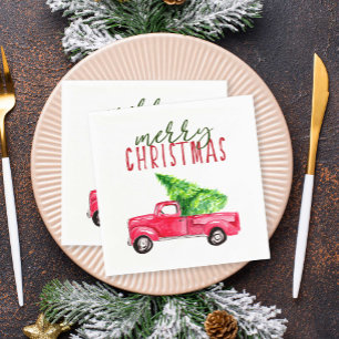 Merry Christmas Red Truck Pine Tree Rustic Napkin