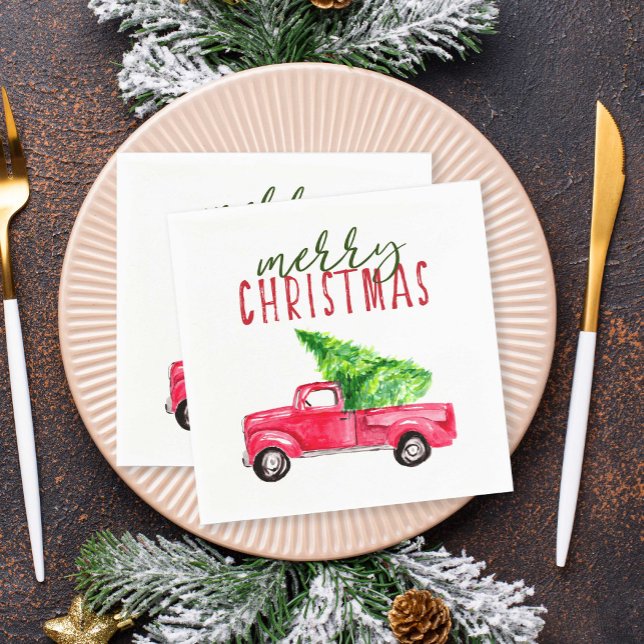 Merry Christmas Red Truck Pine Tree Rustic Napkin (Creator Uploaded)