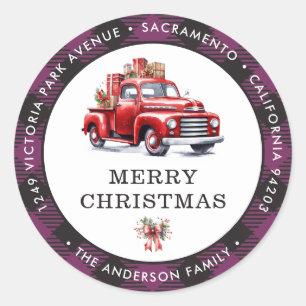 Merry Christmas Red Truck Plaid Return Address Classic Round Sticker