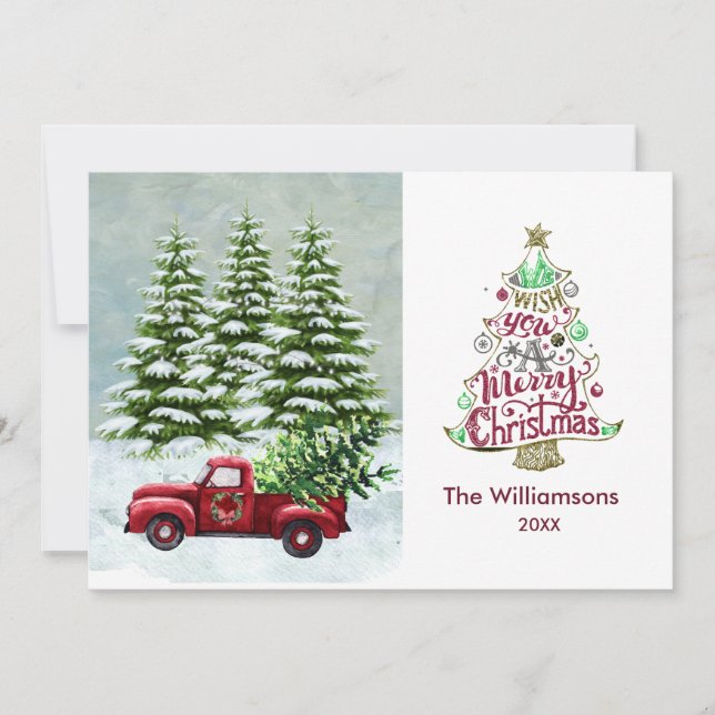 Merry Christmas Red Truck Snow Scene Christmas Card (Front)