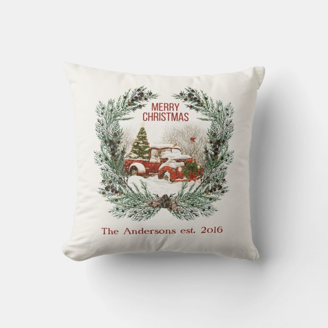 Merry Christmas Red Truck Spruce Wreath Customized Cushion (Front)
