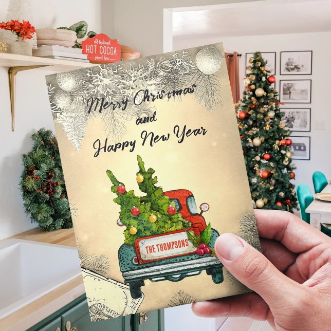 Merry Christmas Red Truck Tree Happy New Year Holiday Postcard (Creator Uploaded)