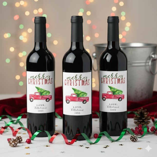 Merry Christmas Red Truck Tree Holiday Watercolor Wine Label (Creator Uploaded)