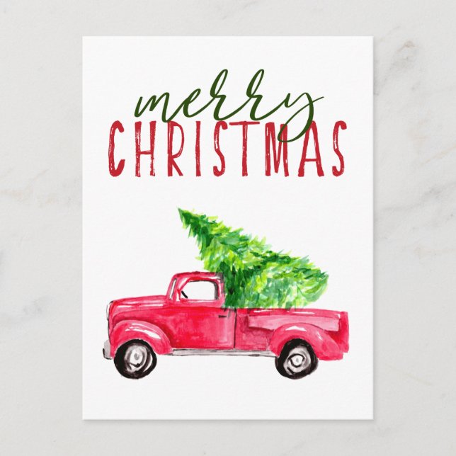 Merry Christmas Red Truck Tree Watercolor Simple Holiday Postcard (Front)