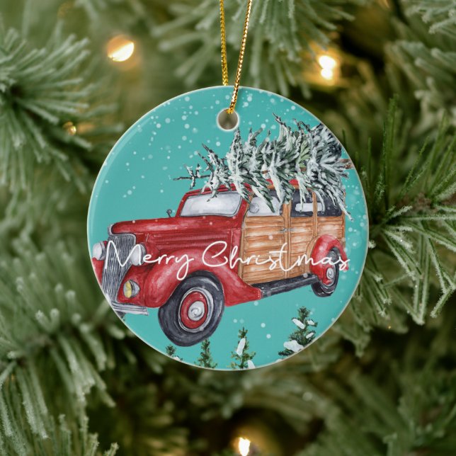 Merry Christmas Red Truck Winter Snowfall Ceramic Ornament (Tree)