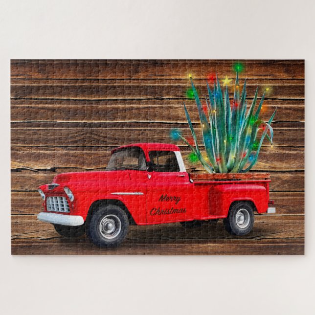 Merry Christmas Red Truck with Agave Tree & Lights Jigsaw Puzzle (Horizontal)