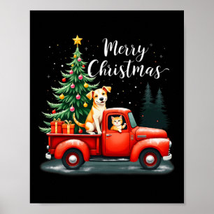 Merry Christmas Red Truck With Dog & Cat Xmas Poster