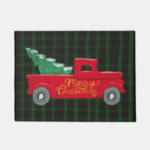 Merry Christmas Red Truck with Tree Door Mat
