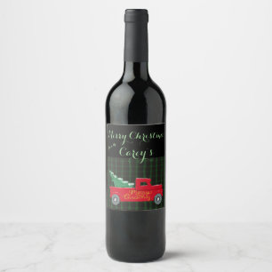 Merry Christmas Red Truck with Tree Wine Labels