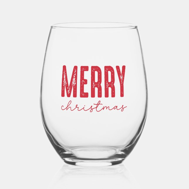 Merry Christmas Red Typography Stemless Wine Glass (Front)