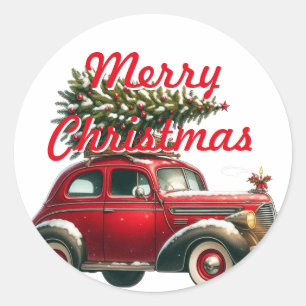 Merry Christmas Red Vintage Car Christmas Tree Classic Round Sticker