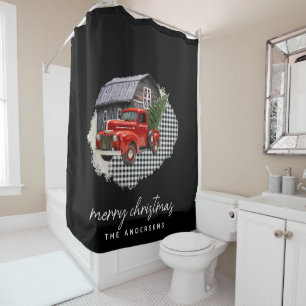 Merry Christmas Red Vintage Truck Family Name Sho Shower Curtain