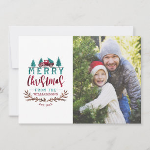 Merry Christmas Red Vintage Truck Tree Farm Photo Holiday Card