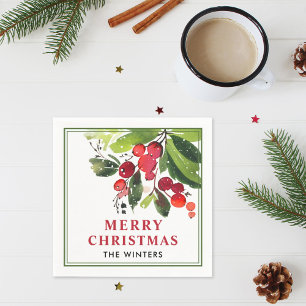 Merry Christmas Red Watercolor Greenery Monogram Napkin