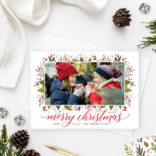Merry Christmas Red Watercolor Greenery Photo Holiday Card