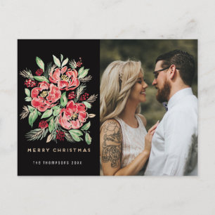 Merry Christmas red watercolor roses  photo Holiday Postcard