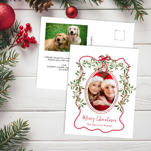 Merry Christmas Red Wavy Frame Bow Greenery Photo Holiday Postcard