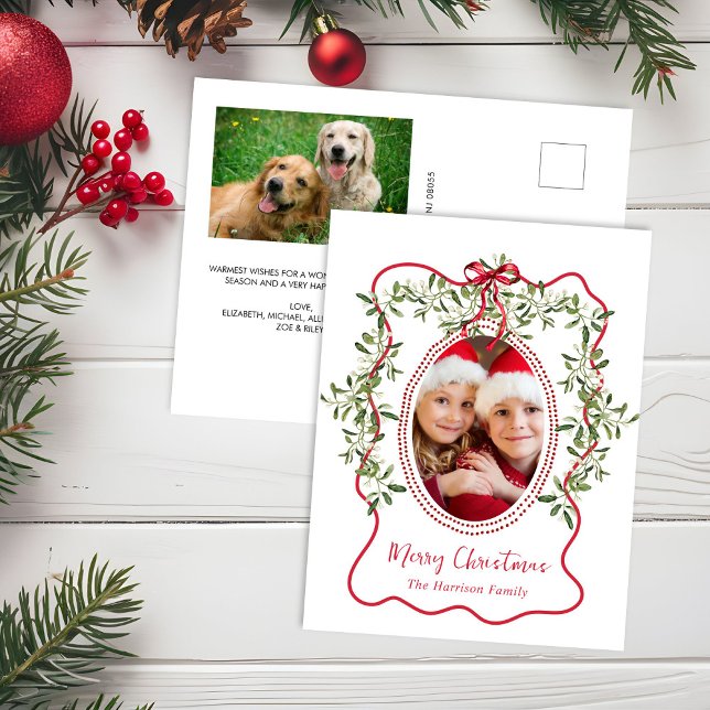 Merry Christmas Red Wavy Frame Bow Greenery Photo Holiday Postcard (Creator Uploaded)