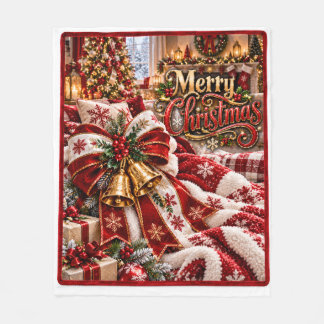 Merry Christmas Red & White Bow and Gold Bells Hol Fleece Blanket