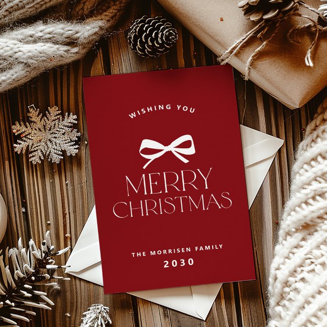 Merry Christmas red white bow simple non-photo Holiday Card (Creator Uploaded)