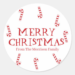 Merry Christmas red white custom name gift favour Classic Round Sticker