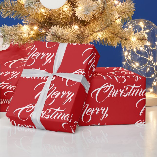 Merry Christmas red white custom script elegant Wrapping Paper (Holidays)