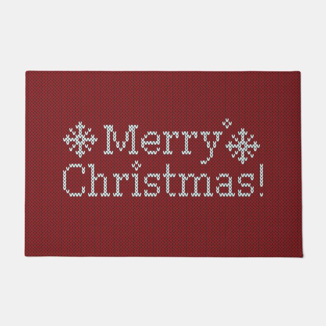 Merry Christmas Red & White Faux Knit Doormat (Front)