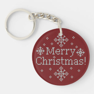 Merry Christmas Red & White Faux Knit Key Ring